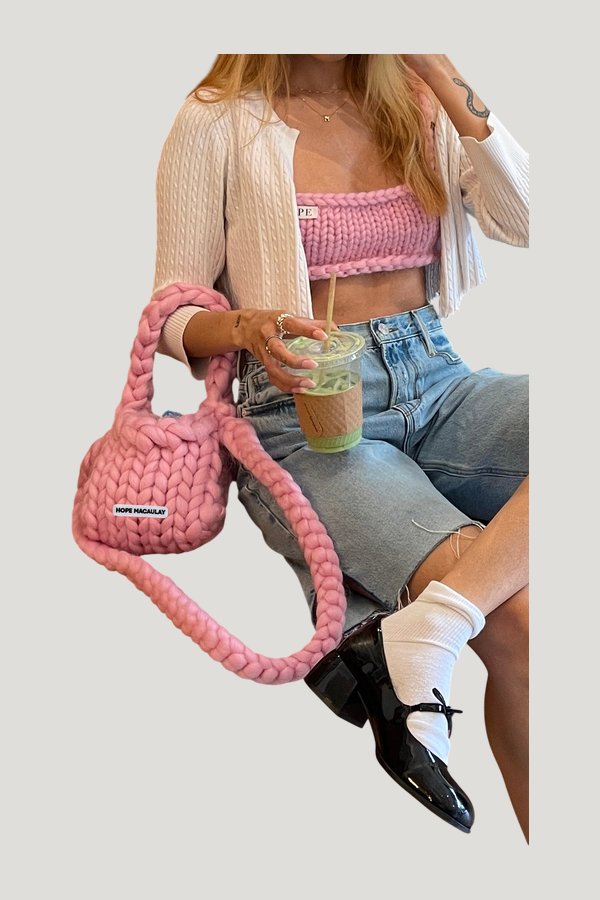 Pink Colossal Knit Crossbody Bag — model side