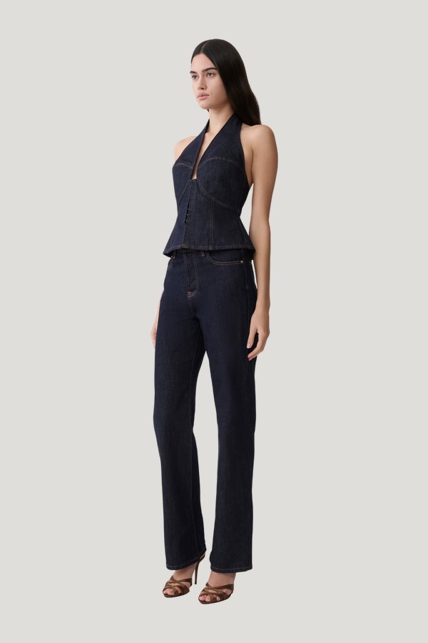 Rema Halter Longline Denim Top — model side