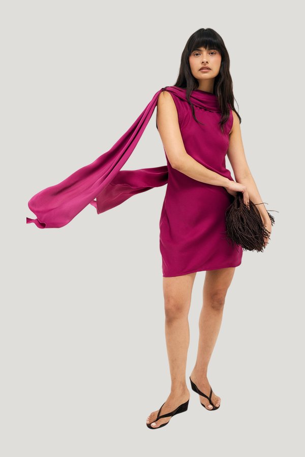Scarf Detail Satin Mini Dress — model front