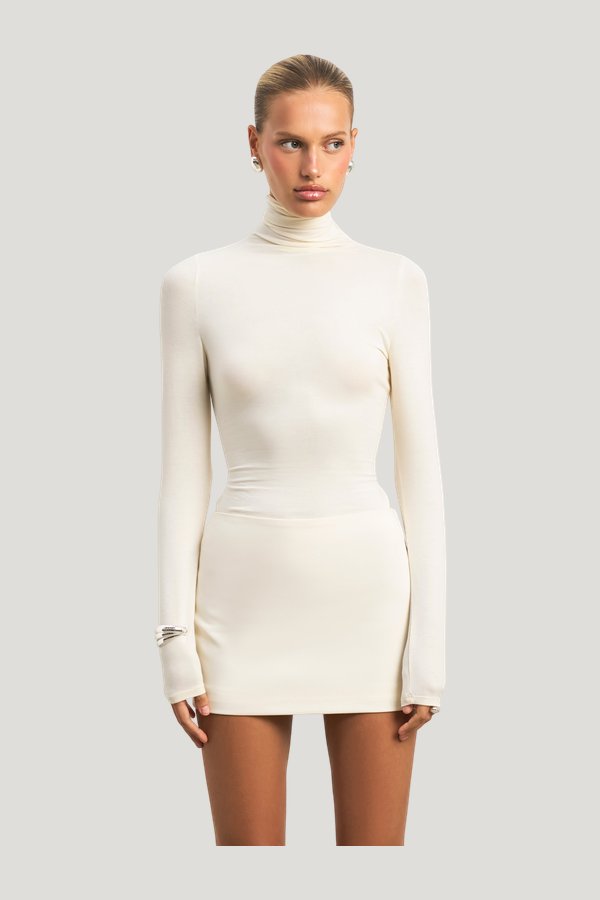Semi Sheer High Neck Longsleeve Top — model side
