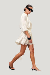 Short Sleeve Tie Waist Mini Dress — model side
