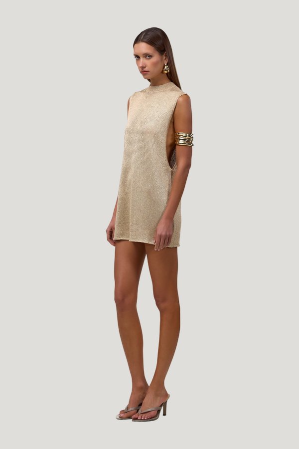 Sleeveless Knit Mini Dress (Light Gold Sequin) — model side