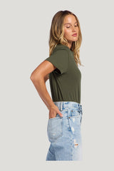 Soft Cotton Everyday T-Shirt Bodysuit | Darkest — model side