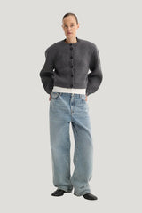 Statement shoulder cardigan | mid grey melange — model front