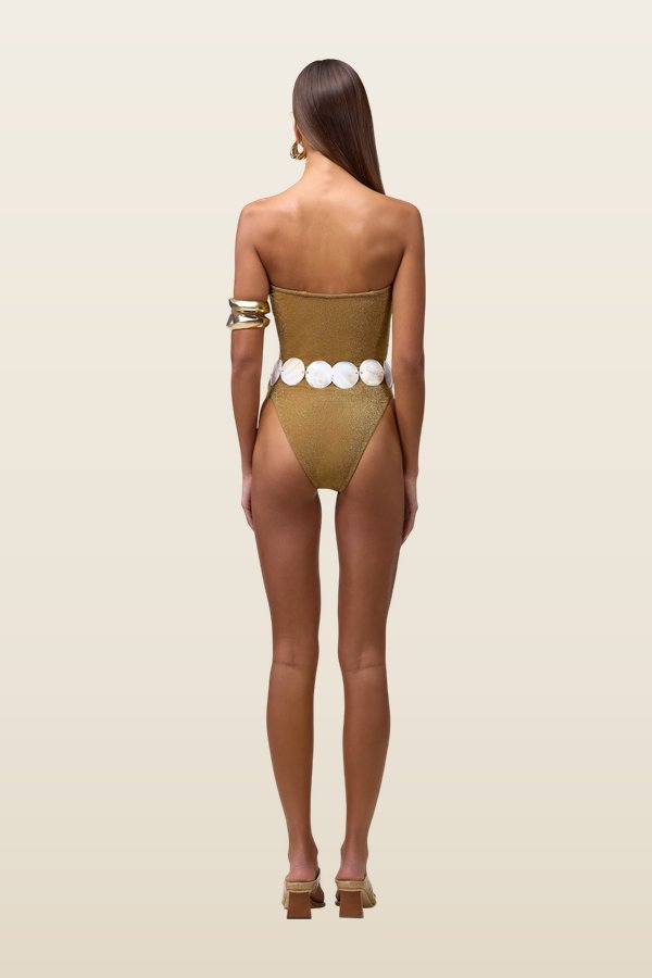Strapless One Piece (Mocha Shimmer Lurex) — model back