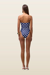 Strapless One Piece (Navy White Polka Dot) — model back