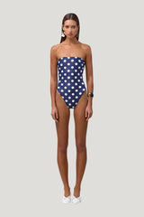 Strapless One Piece (Navy White Polka Dot) — model front