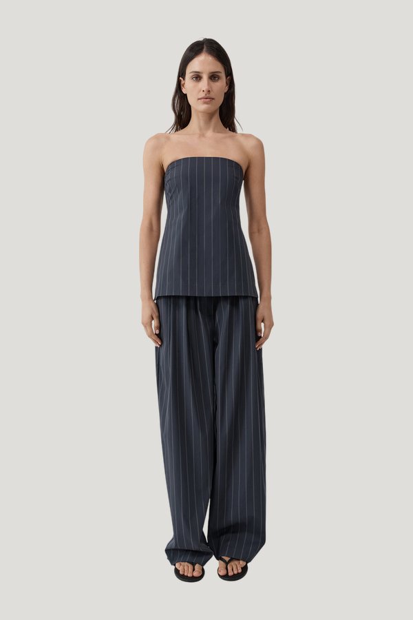 Strapless Rouleau Tie Top - Ink Stripe — model front