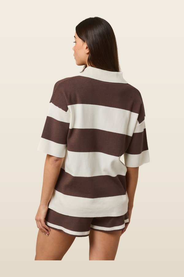 Stripe Knitted Collar Short Sleeve Top — model back