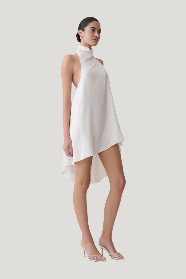 Sydney Asymmetrical Satin Halter Mini Dress — model side