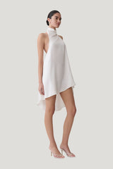 Sydney Asymmetrical Satin Halter Mini Dress — model side