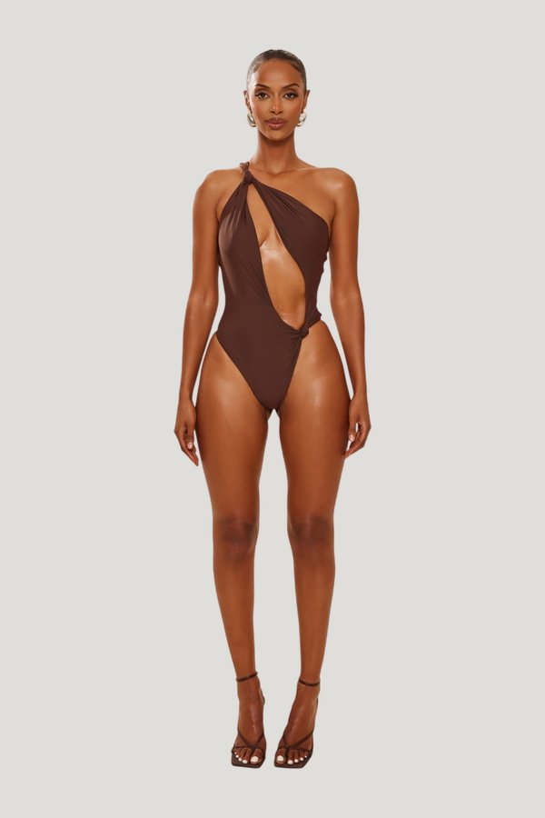 The Asymmetric Knot Detail Swimsuit — model front