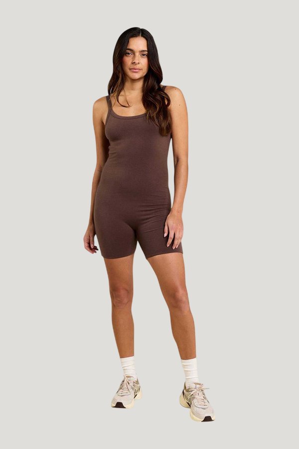 Cotton Stretch The Romper | Coffee — model front