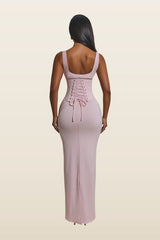 The Sandra Scoop Corset Maxi Dress in Baby — model back