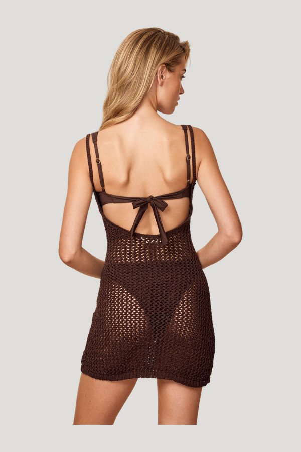 Zanzibar Mini Dress - Espresso Petit Crochet — model side