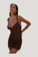 Zelie Crochet Mini Dress in Cacao — model side